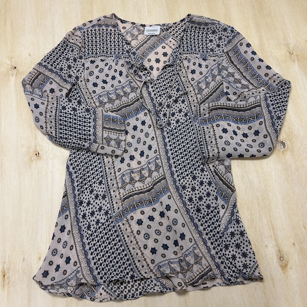 Canda Blouse Womens Large Beige Paisley V Neck Long Sleeve Tunic Top Boho